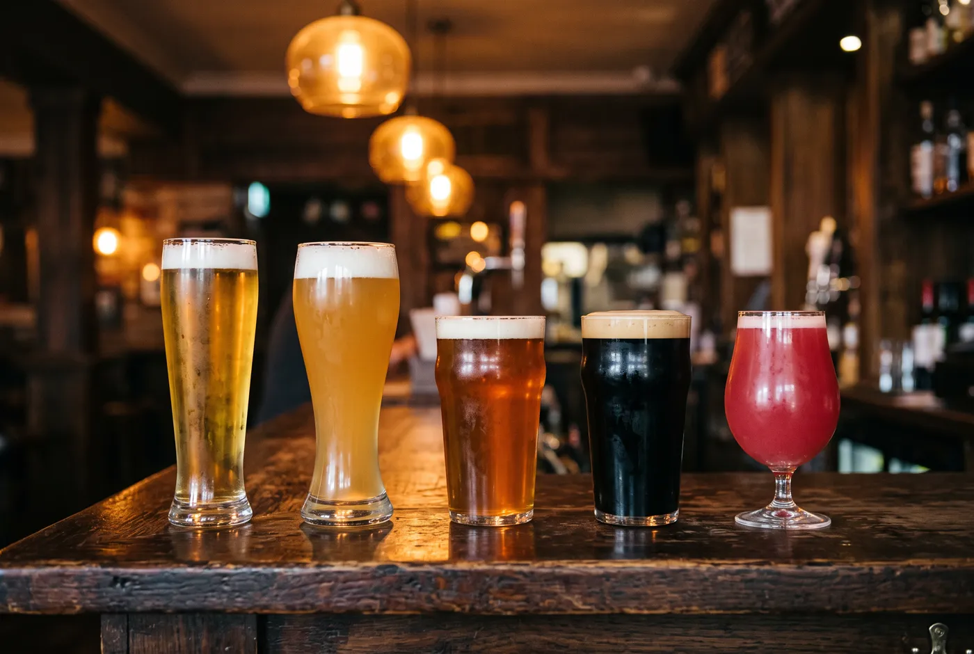 Five different beer glasses in a row on a dark wooden bar