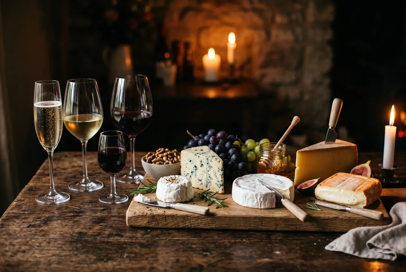A wooden cheese board with five cheeses beside four glasses of wine