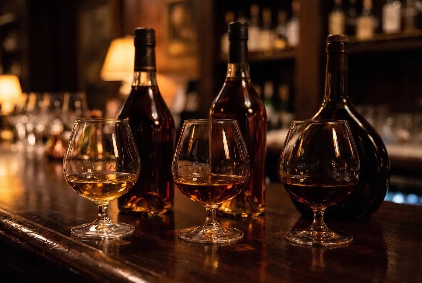 Three snifters of brandy in different shades of gold in front of three dark bottles on a polished wooden bar in warm lamplight