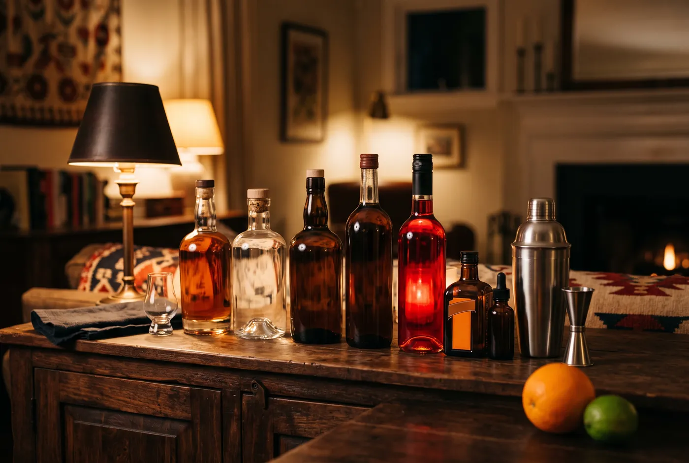 A compact home bar with seven bottles, a shaker and fresh citrus