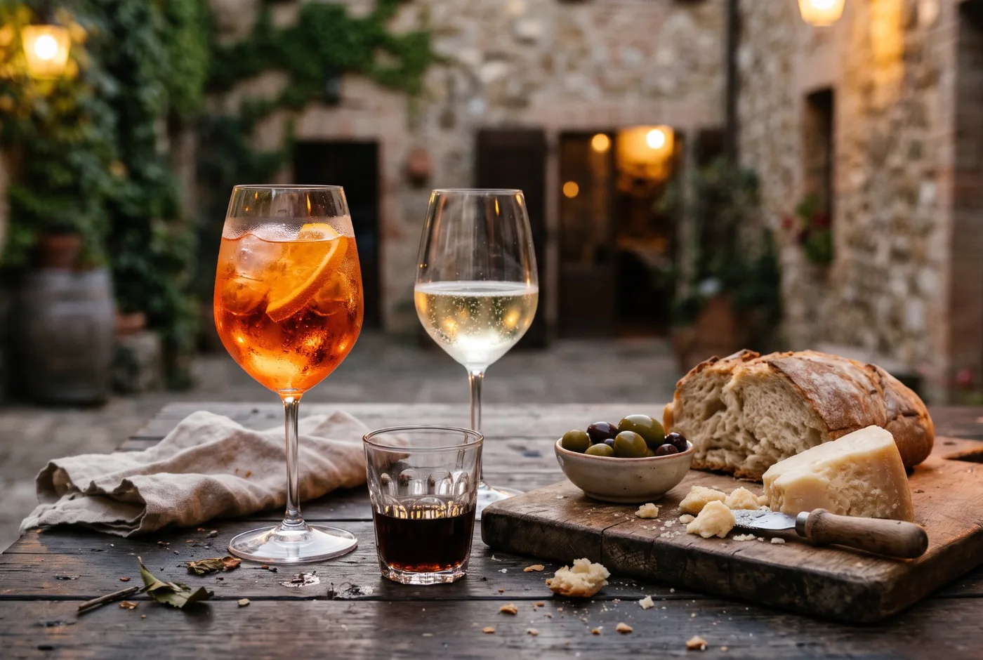 An orange spritz, a glass of pale sparkling wine and a small glass of dark amaro on a rustic table with bread, olives and hard cheese in a stone courtyard at dusk