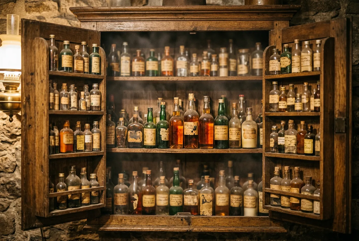 An old wooden cabinet filled with small liqueur bottles