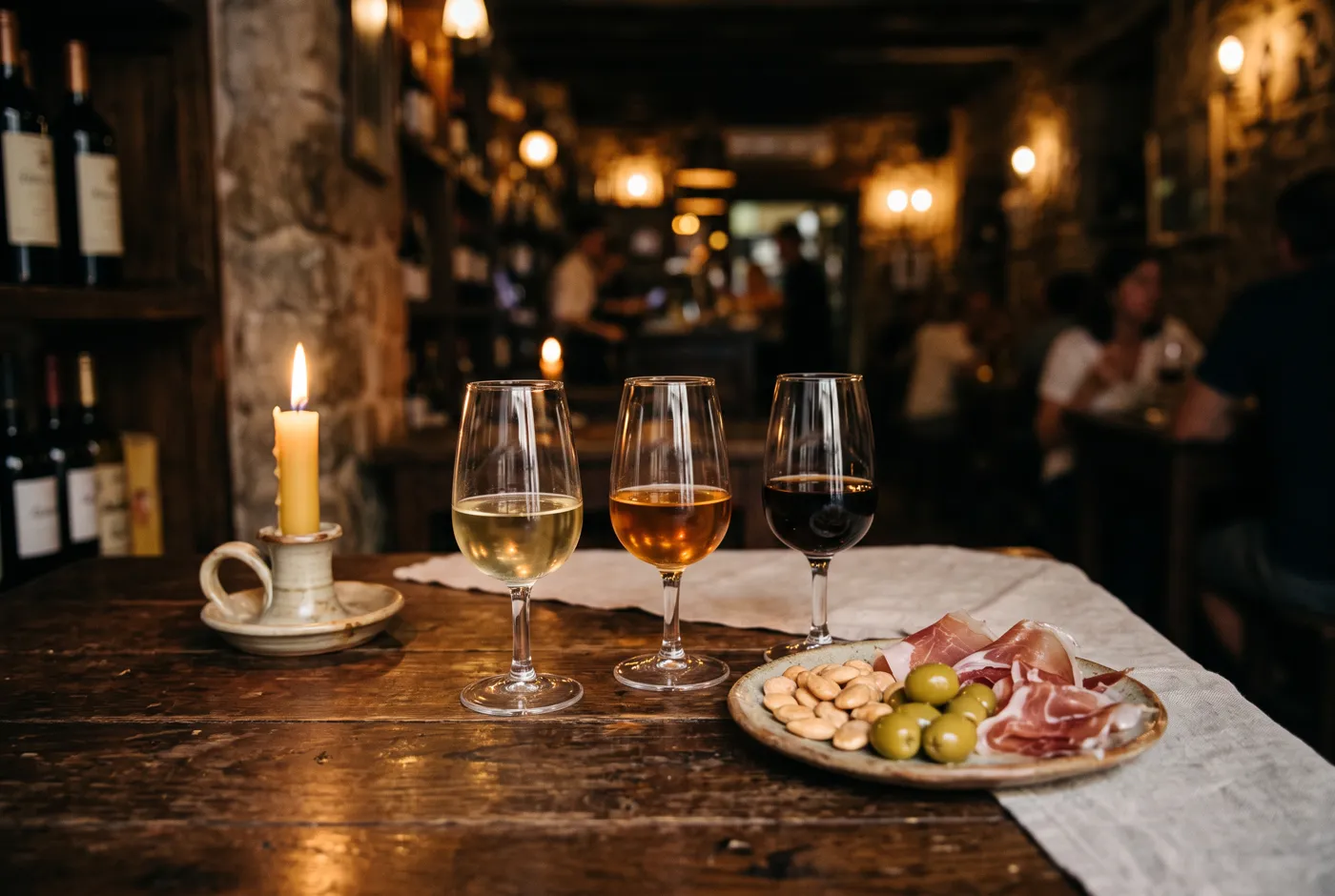 Three small sherry glasses with almonds, olives and cured ham