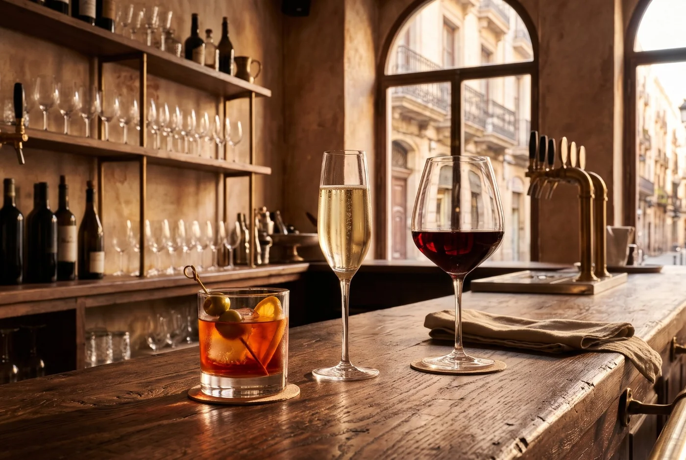 A glass of red vermut on ice with olives and orange, a flute of cava and a glass of red wine on a wooden bar with arched windows onto an old Spanish street, the three drinks of a Spanish evening