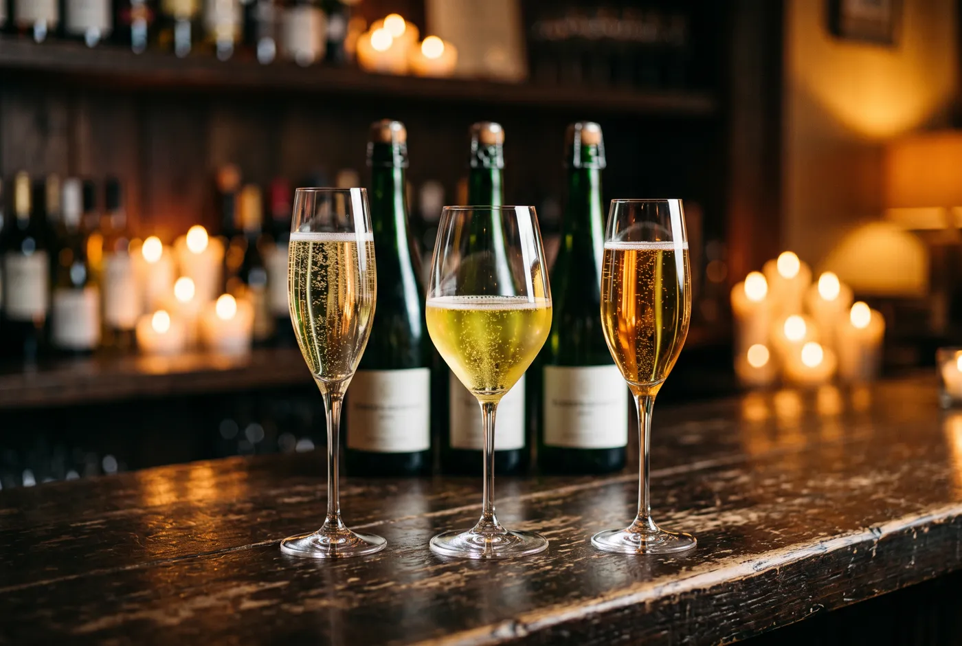 Three sparkling wine glasses in different golds on a dark bar