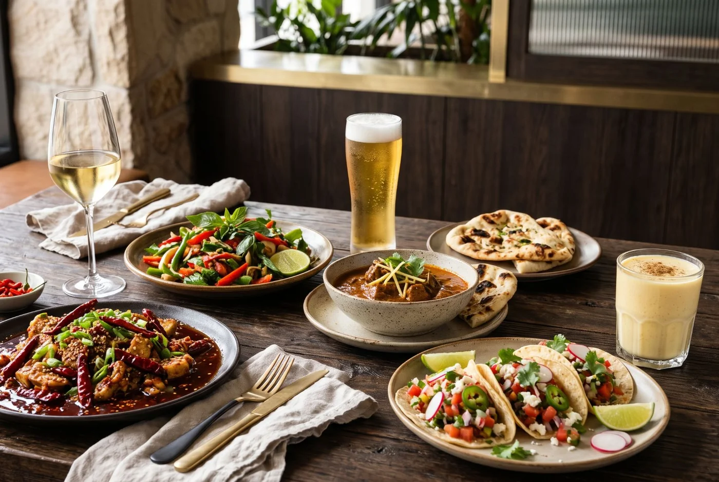 A table of spicy dishes with drinks: Sichuan chilli chicken, a Thai basil stir-fry, curry with naan and tacos, beside a glass of white wine, a pint of lager and a lassi
