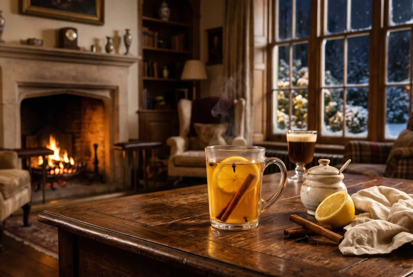 A clear glass mug of golden hot toddy with a lemon slice, a cinnamon stick and cloves, beside a honey pot, half a lemon and an Irish coffee, with a fireplace and a snowy window behind