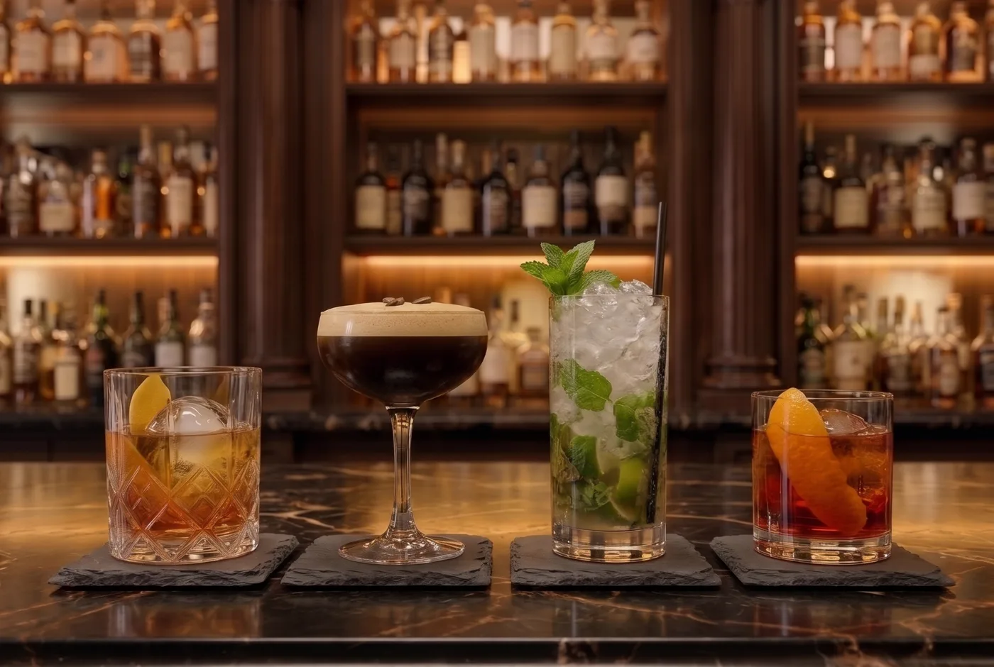 Four classic cocktails and their alcohol free twins: an Old Fashioned, espresso martini, mojito and negroni on slate coasters at a dark marble bar