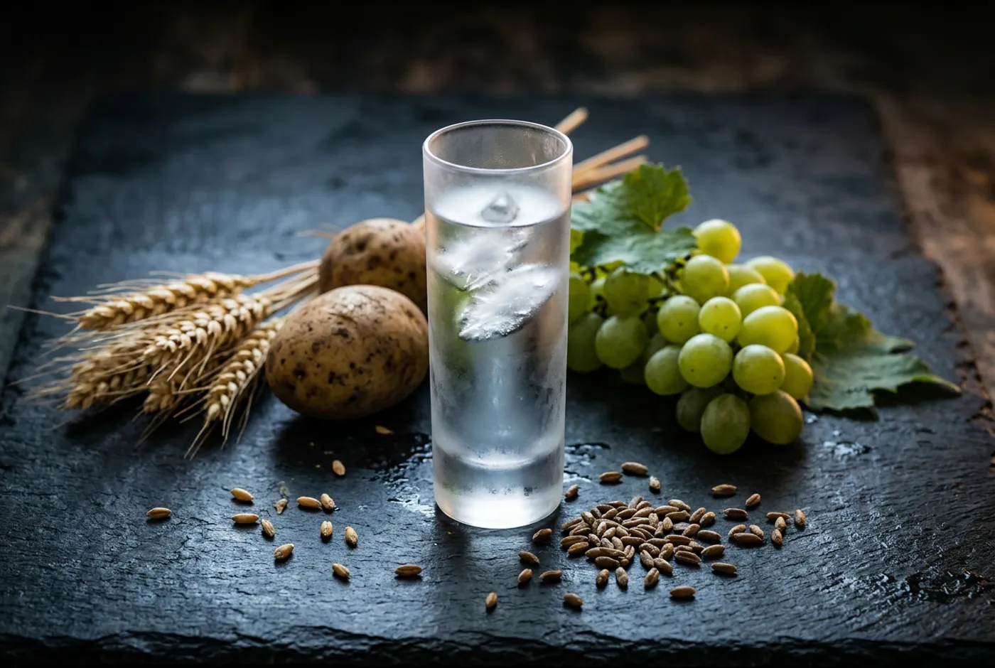 A frosted glass of vodka surrounded by potatoes, wheat and grapes