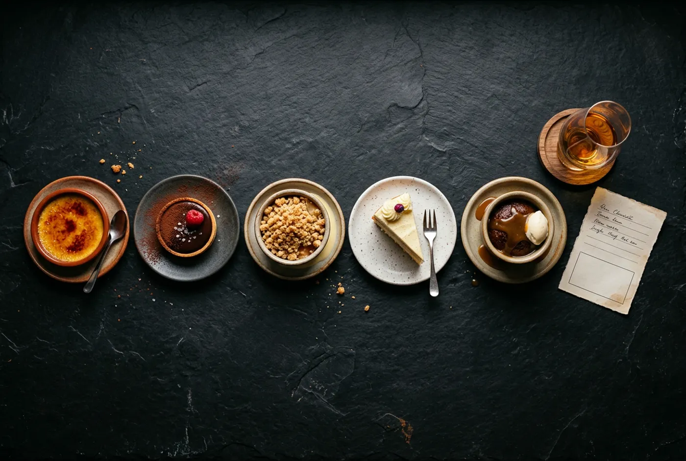 Five small desserts in a row on dark slate with a glass of whisky and a blank scorecard